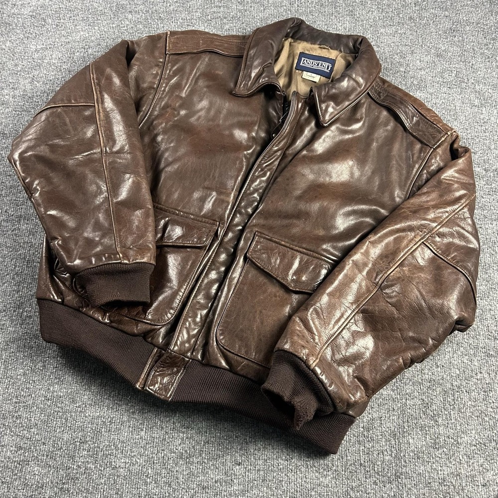 Vintage Lands End Jacket Mens Large Brown Leather Bomber Made USA Rib Knit